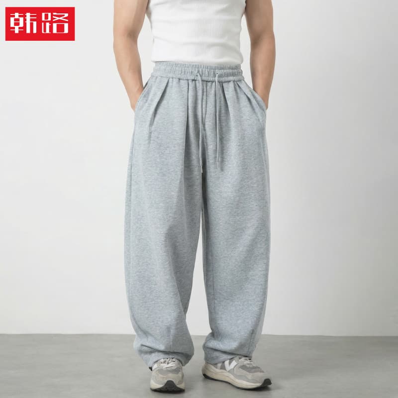 American Style Pleated Casual Pants for Men Spring Baggy Athletic Loose Long Pants with Adjustable Cuffs Trendy Wide-Leg Sweatpants