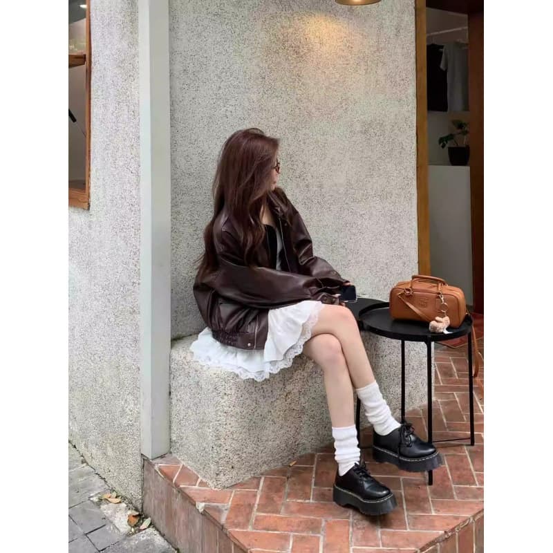 Brown PU Leather Jacket for Women High-End Sense 2025 Autumn New Style Petite Vintage Motorcycle Jacket Long