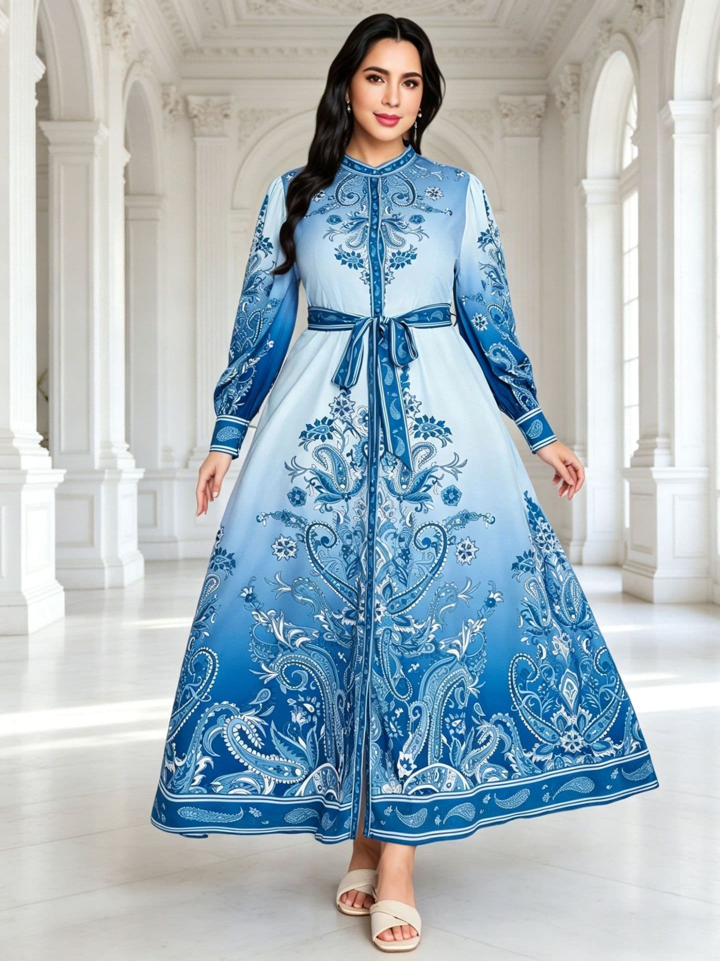 Plus Size Solid Long Dress | Jacquard Fabric + Mesh Spliced Sleeves + Rhinestone Collar