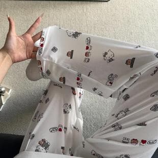 2026 Cotton-Like Sleep Pants Women Mosquito-Repellent Sun-Protection Casual Lounge Pants Japanese Kitty Cat Straight Leg Pants Wear-Out
