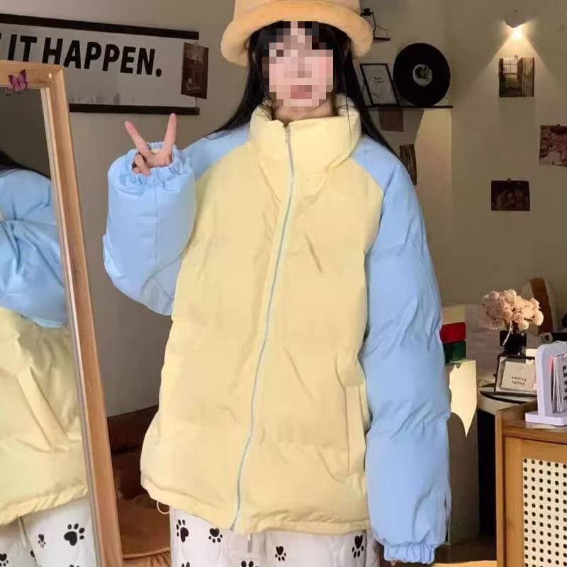 Sweet and Cute Bear Contrast Color Thick Baseball Jacket Cotton Coat Women's Winter New Loose Versatile Student Puffer Coat