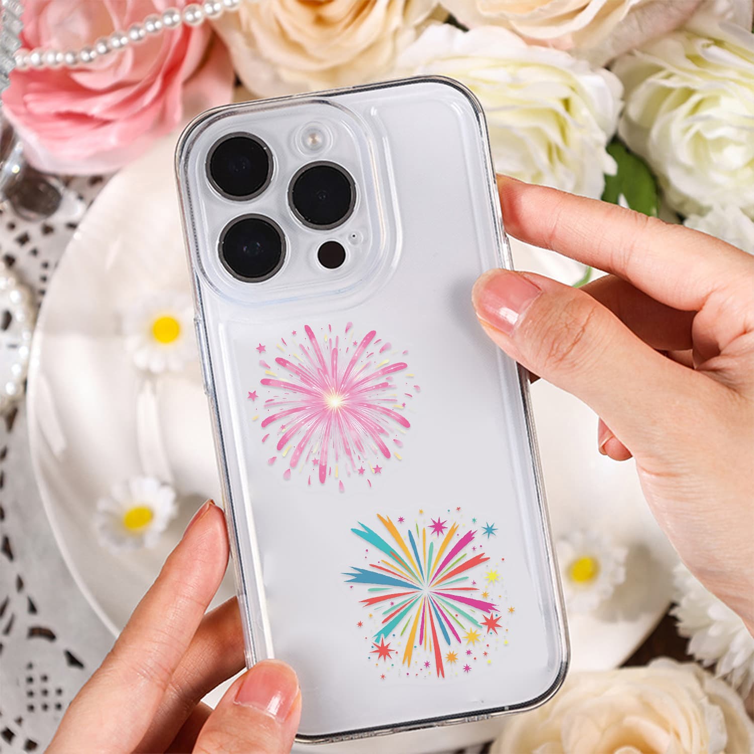 50 colorful firework stickers, transparent and waterproof, suitable for journaling, phone cases, notebooks, and water bottles.