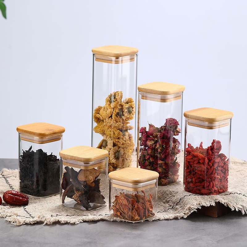 Borosilicate Glass Storage Jar with Bamboo Lid, Square Glass Canister for Kitchen