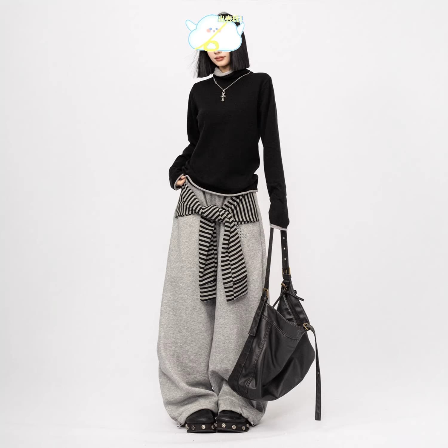 Cross-Border American Vintage Striped Lace-Up Patchwork Wide-Leg Pants for Women 2026 Spring Summer Autumn Black Loose Casual Sweatpants