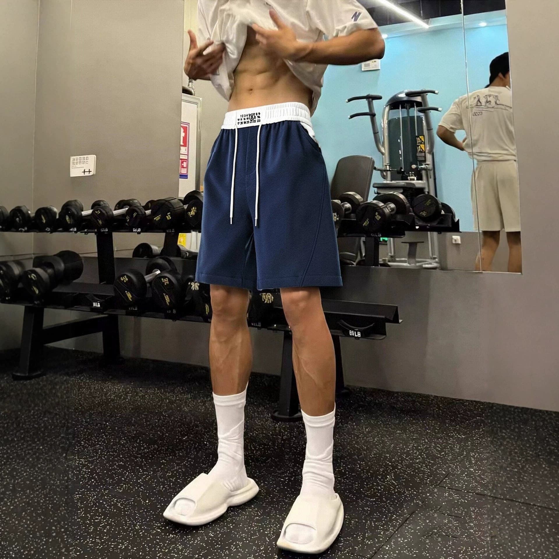 Summer American fitness navy blue shorts men's outer training sweatpants loose casual large size basketball five-quarter pants