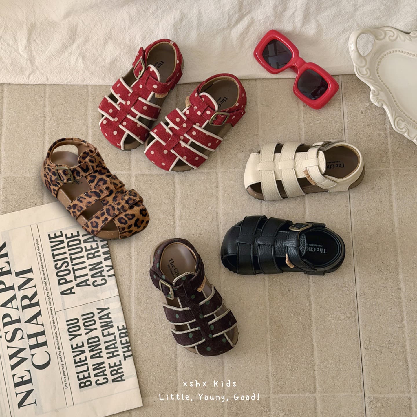 XSHX Top Layer Cowhide | Closed-Toe Burgundy Sandals with Functional Cork Sole, Breathable for Boys and Girls Spring/Summer, Children's Day Gift