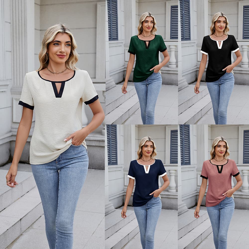Amazon Cross-border 2025 Spring/Summer New Women's Fashion V-neck Top Casual Color-block Short Sleeve Slim Fit