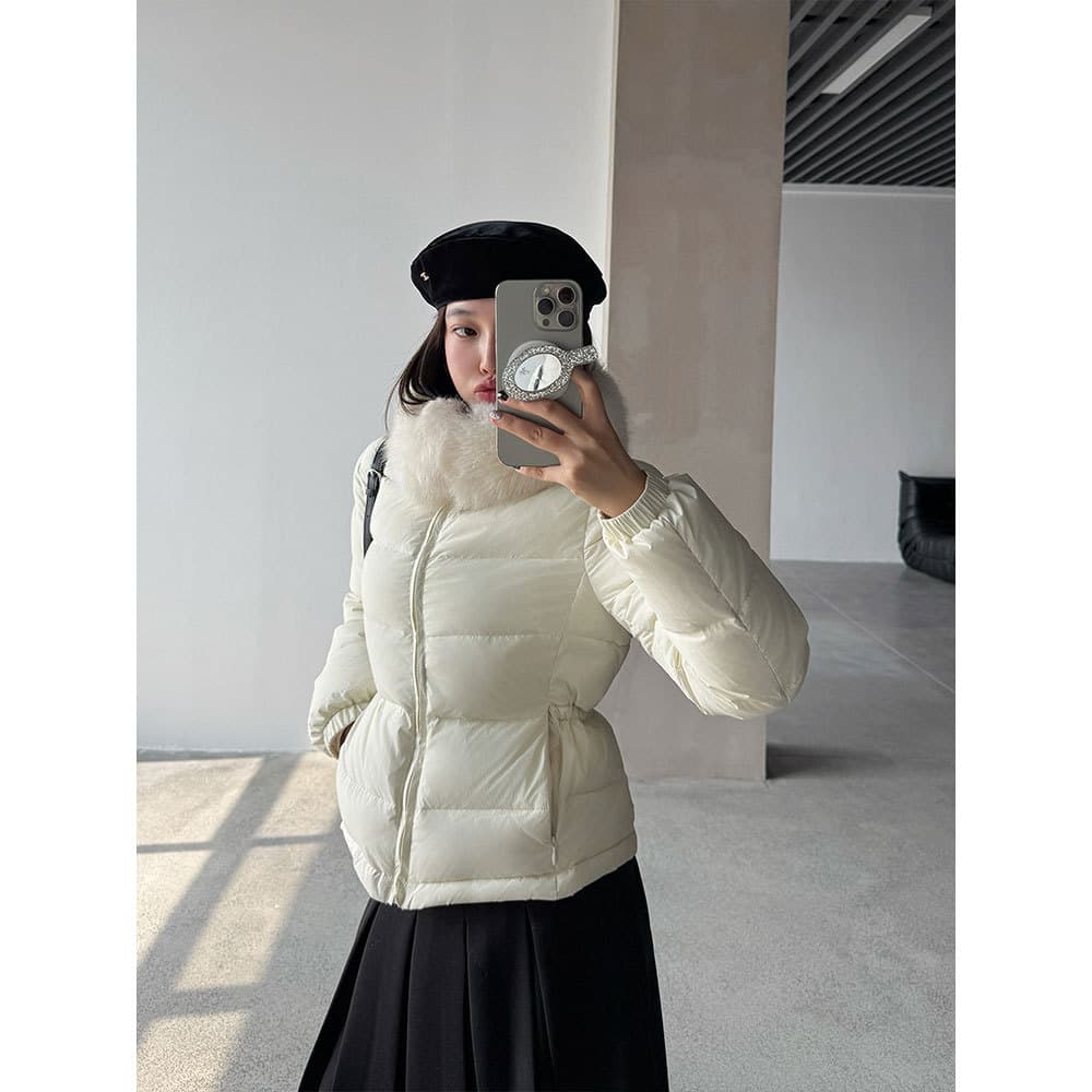 [Wang Qizhi] 90% White Duck Down Drawstring Waist Fur Collar Padded Coat for Women Winter Commute Stand Collar Short Style Warm Jacket