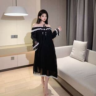 Plus Size French Royal Princess Style Nightgown for Women, Spring Summer Thin Style, Lace Sweet Solid Color Mesh Sleepwear