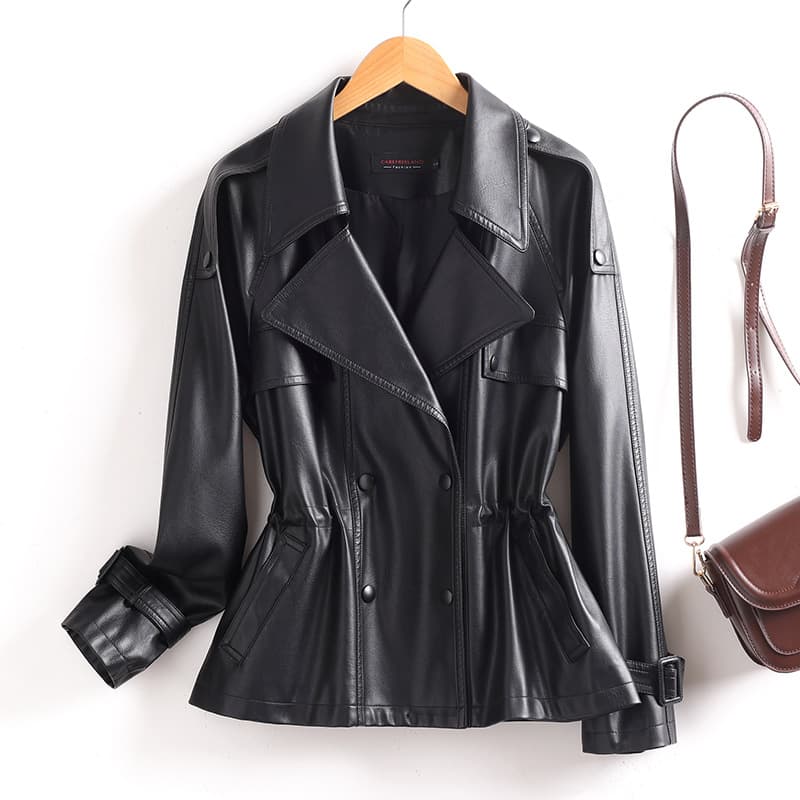 Haining Leather Jacket Women 2025 New Spring Autumn Fashion Korean Style Ladies Leather Blazer Waist Casual Turn-down Collar Leather Coat 509