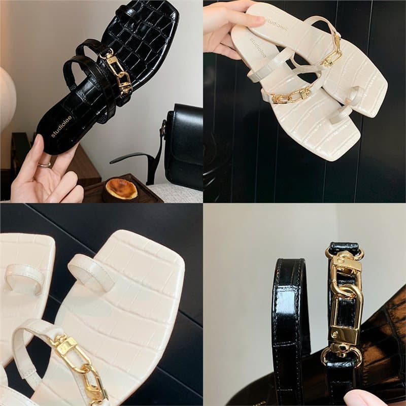 Square Toe Gold Buckle Double Strap Crocodile Pattern Open Toe Flat Genuine Leather Sandals for Women Summer