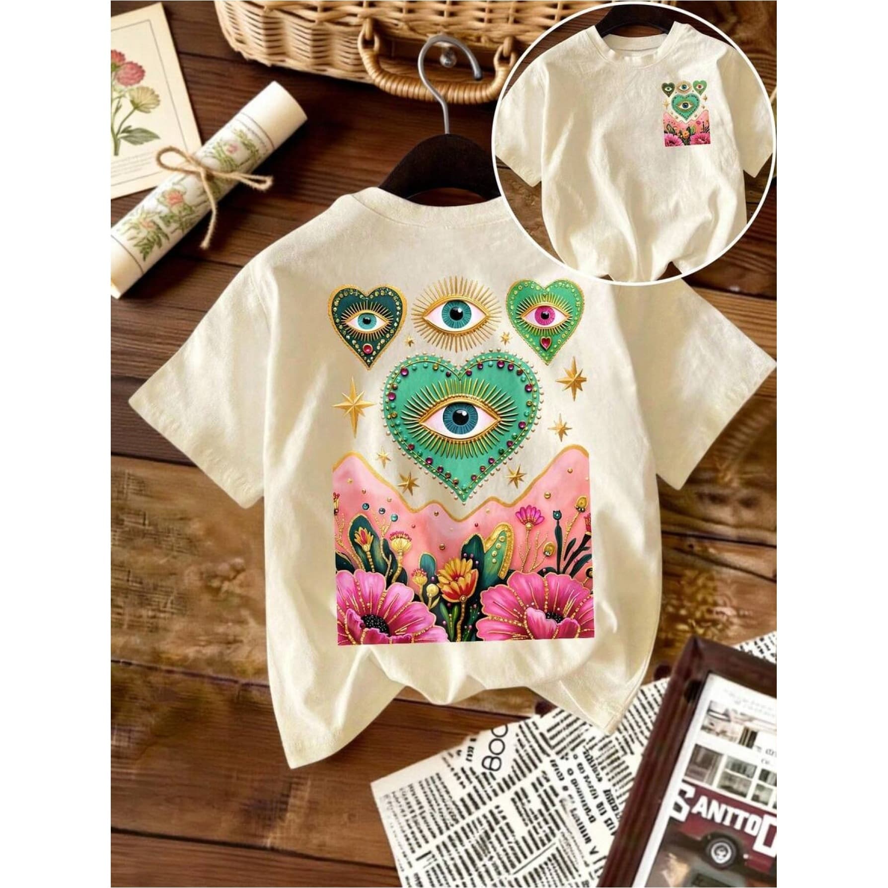 [European Size Cotton T] Women's Casual Round Neck Short Sleeve T-Shirt with Colorful Flowers and Eyes Print, Men's and Women's
