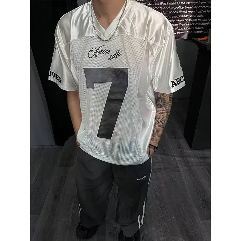 Cross-border American Retro Mesh Embroidered Short Sleeve T-Shirt for Men and Women, Loose Quick-Dry Breathable Sports Jersey Training Sweatshirt