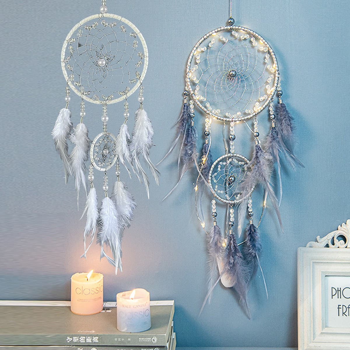 New Indian Style Two-Ring Dreamcatcher Wall Hanging Decoration, Simple Feather Wind Chime for Girls' Room Bedroom Decor