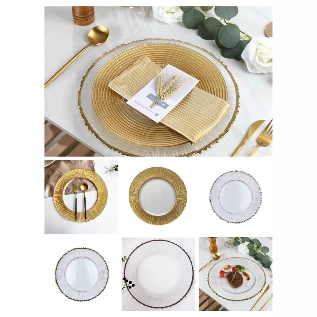 2021 New Gold Rim Glass Plate Hotel Glass Dinner Plate European Electroplated Gold Rim Minimalist Round Western Food Plate
