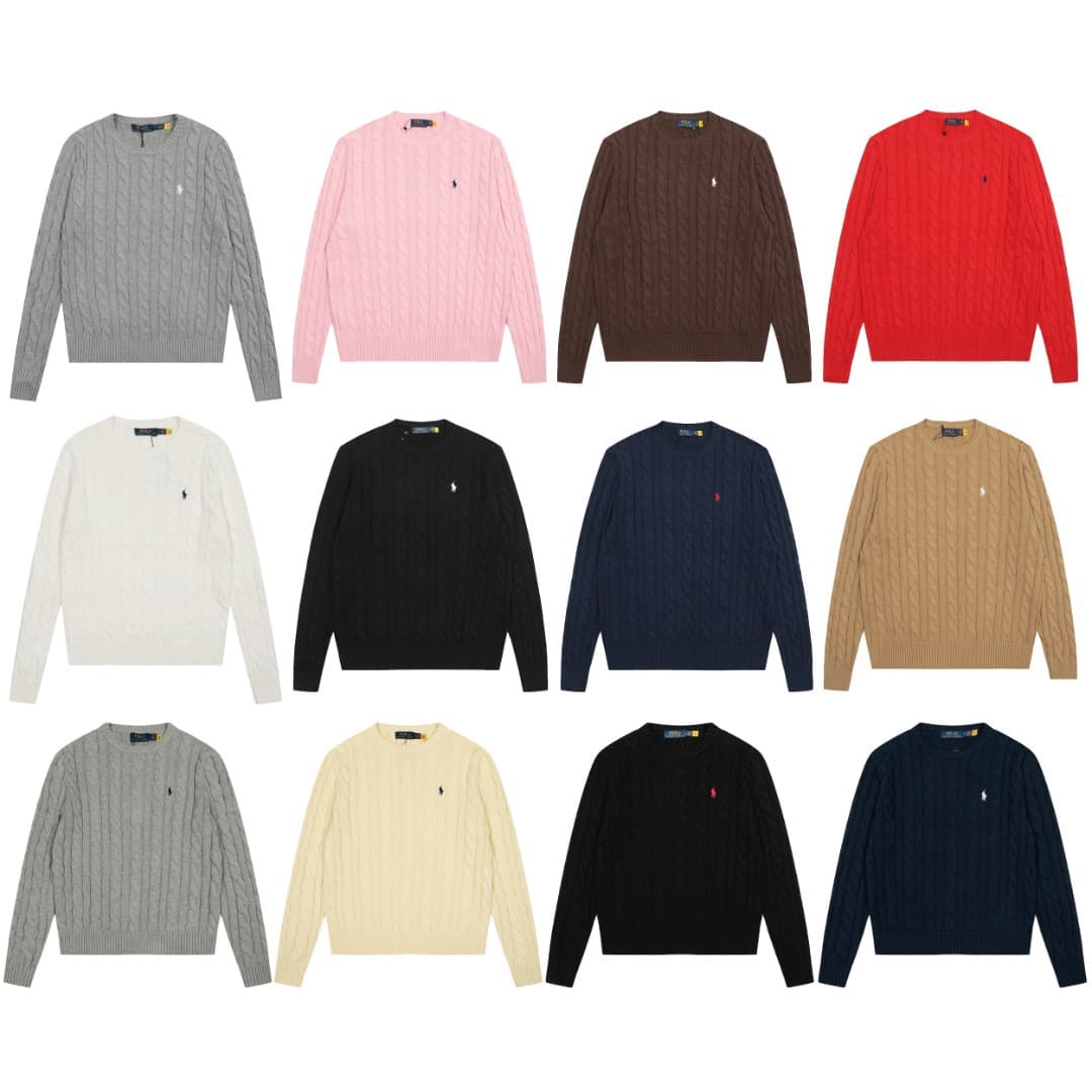 SS Cross-border Scannable Ralph Lauren RL Round Neck Solid Classic Pony Embroidery Logo Cable Knit Sweater for Men and Women