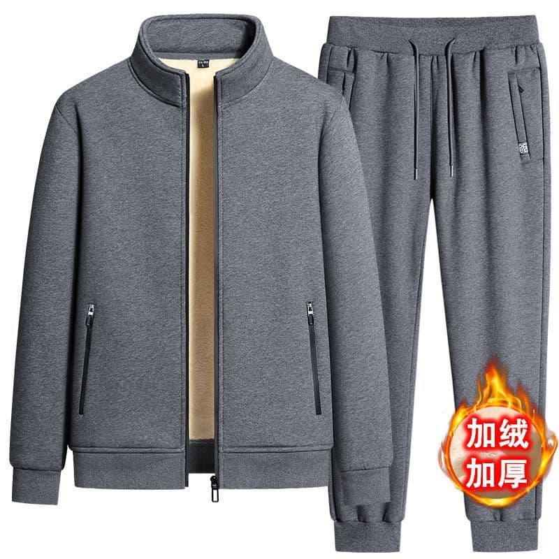Winter Men's Fleece Sweatshirt Thickened Pants Warm Winter Stand-up Collar Cardigan Casual Middle-aged and Elderly Sportswear Set Cotton
