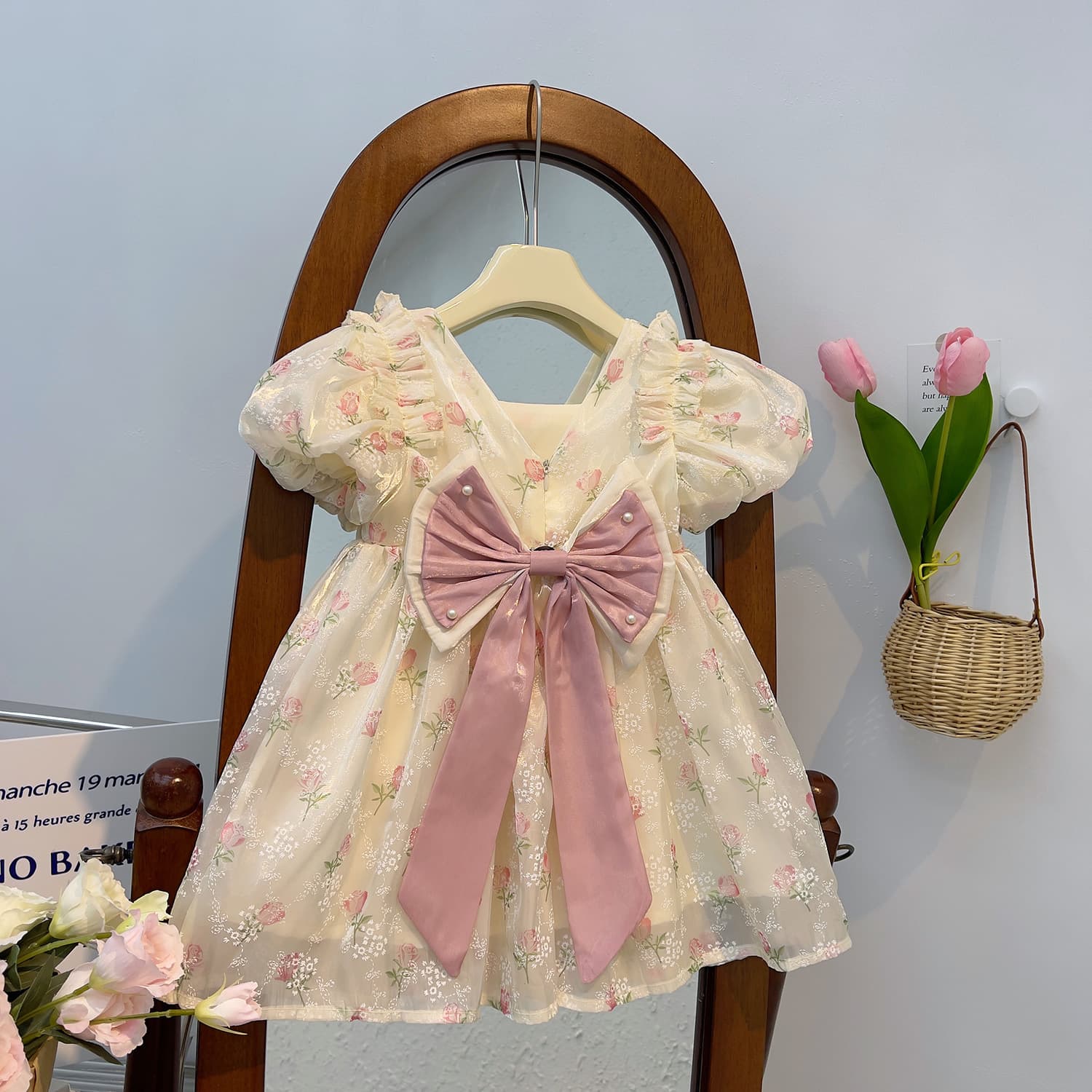 2026 Summer New Baby Girl Lace Mesh Flower Cute Big Bow Princess Dress Sweet Lovely Dress