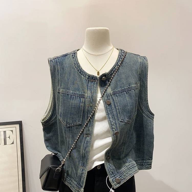 Fashionable and Chic Round Neck Denim Vest for Women, Spring and Autumn New Retro Sweet Cool Short Sleeveless Jacket