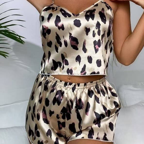Amazon Cross-border Trade Leopard Print Camisole Pajama Set for Women, Summer Satin Faux Silk Sexy Lingerie