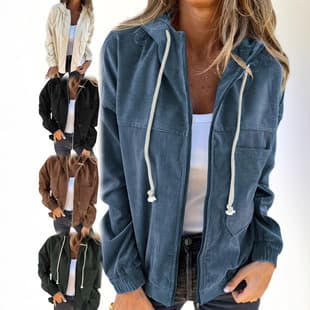 2025 New Fall Solid Color Hooded Jacket for Women, European and American Casual Corduroy Hooded Coat
