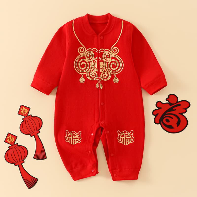 Newborn one-piece spring and autumn baby one-hundred-day full-moon suit red baby pure cotton New Year's greetings belted monk suit