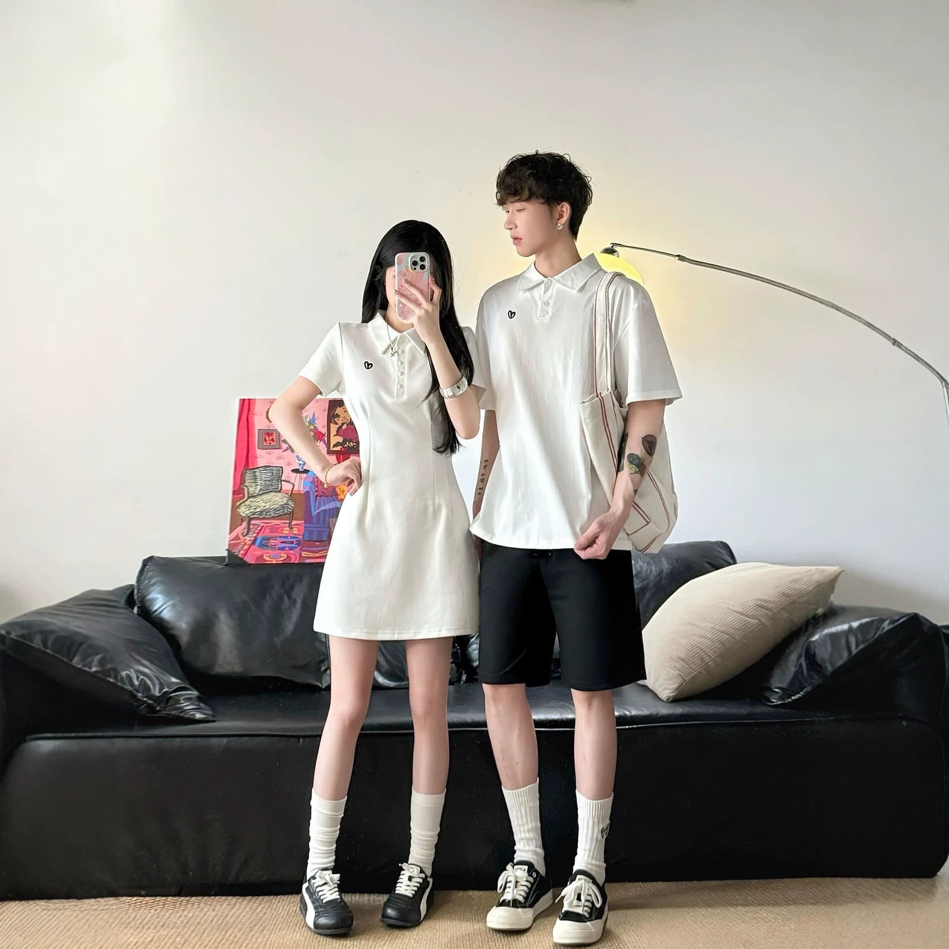 Special Couple Outfit Summer New Small Size Polo Neck Versatile Slim Fit Waist-Cinching Elegant Short Dress