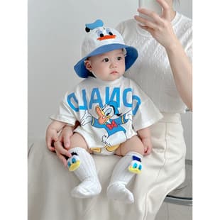 Baby Cartoon Donald Bodysuit for Boys and Girls, Soft Cotton Summer Baby Romper Crawling Suit