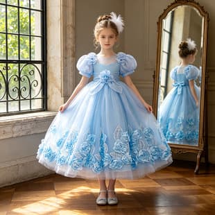 Girls' Dress Long Puff Sleeve Flower Girl Wedding Gown Tulle Piano Performance Outfit for Girls Ready Stock Wholesale