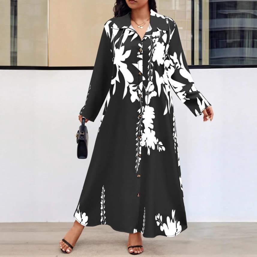 Cross-border European and American Amazon AliExpress printed small stand-up collar buttoned long skirt vacation plus size dress