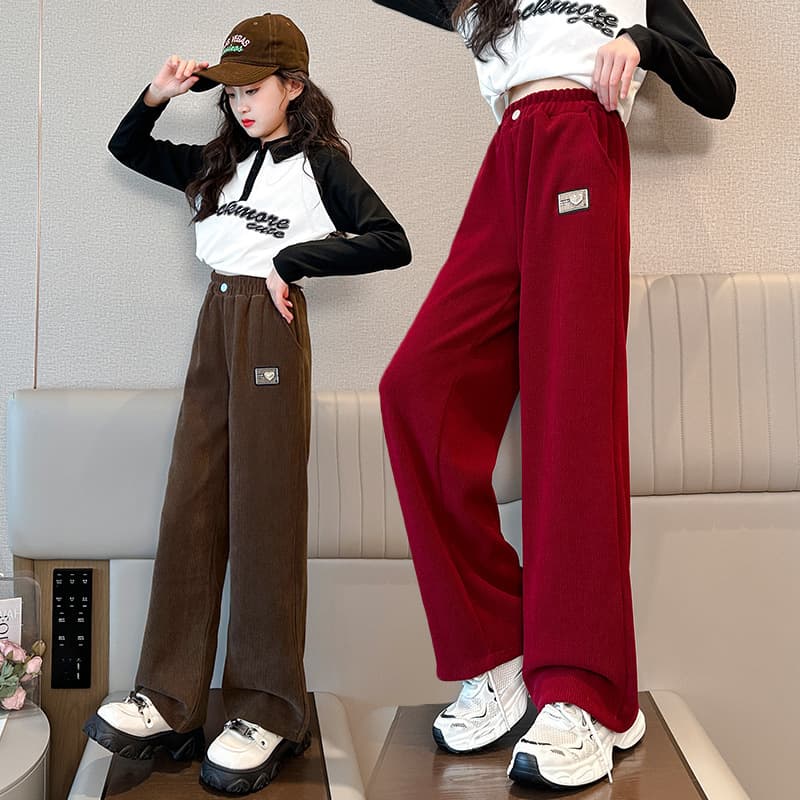 Girls' Pants Spring and Autumn Medium and Large Children Casual Outer Wear Straight Leg Trousers Primary School Students Children Fashionable Fleece-Lined Wide Leg Pants Trendy