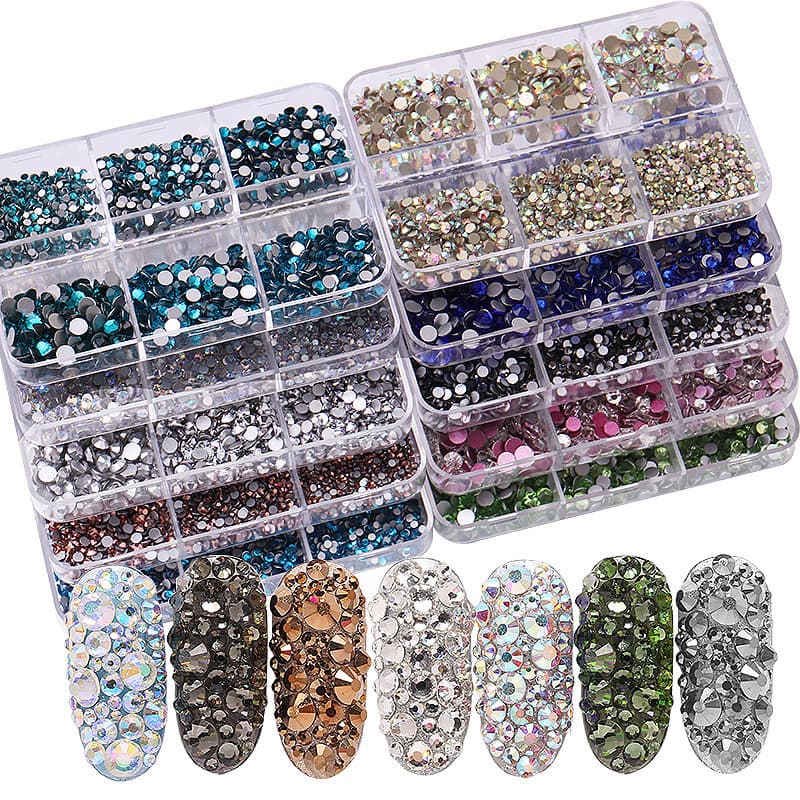 Cross-border New Nail Art Diamond Sparkle 6-Grid Box Set Flat Bottom Nail Rhinestones DIY Nail Art Supplies Wholesale
