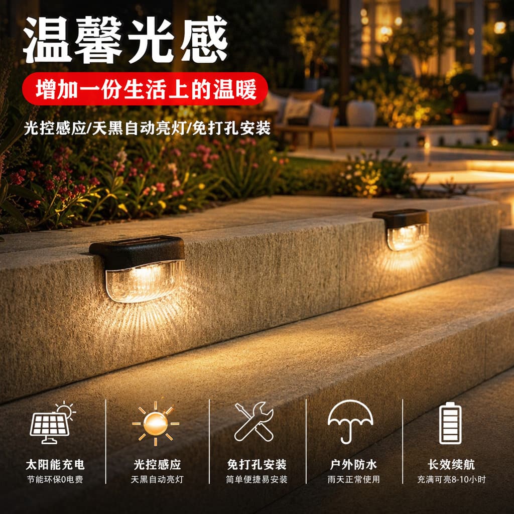 Solar Garden Light Outdoor Stair Light 2LED Railing Light Step Light Fence Wall Light Garden Light Sensor Light