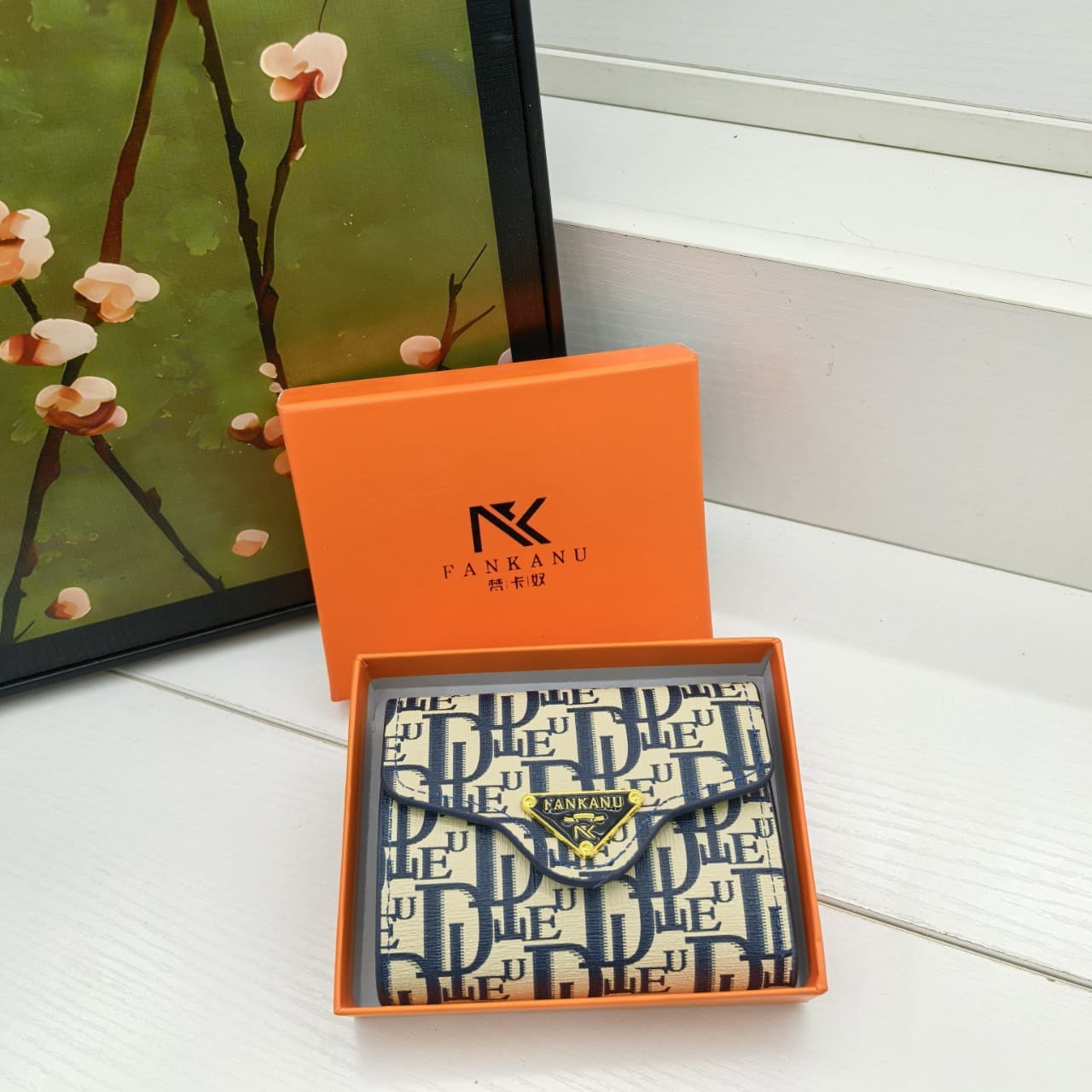 Fankanu live-selling D-letter short tri-fold women's printed letter blue coin purse short wallet zipper