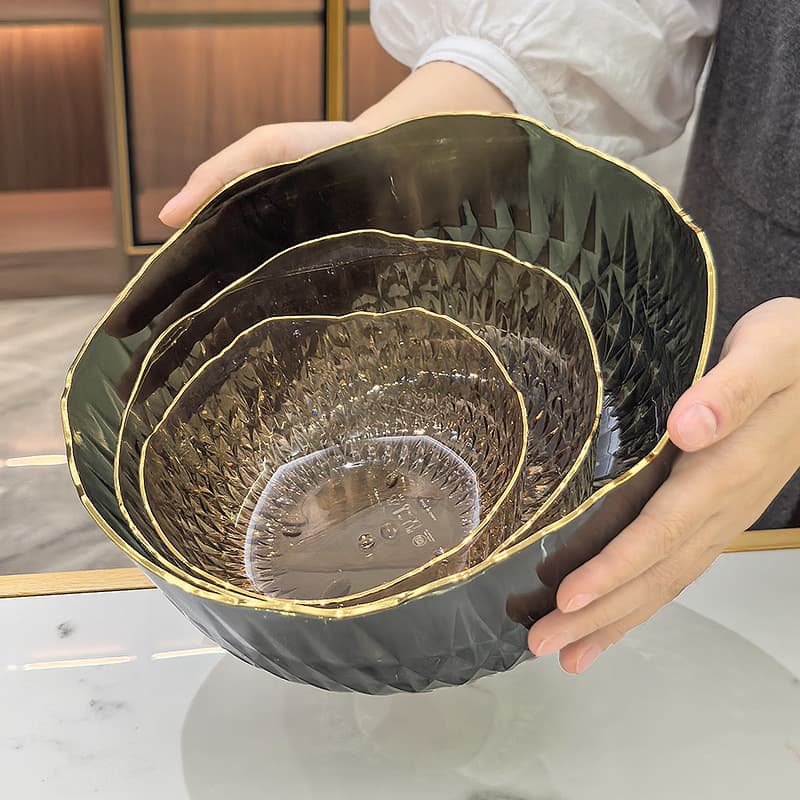 Large Gold Rim Transparent Plastic Bowl, Japanese-Style Vegetable Fruit Salad Bowl, Creative Irregular Diamond Pattern Novelty Dessert Bowl