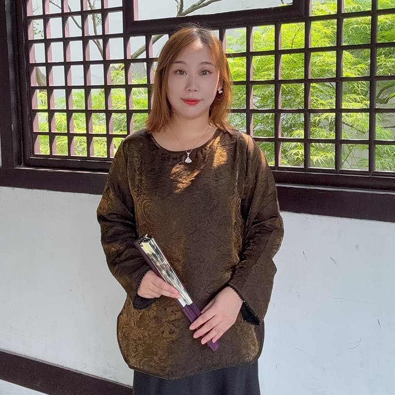 Qingshanli - Liujinji New Chinese Style Early Autumn Round Neck Loose Top, Floating Light Brocade, Vintage Luxe Style