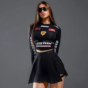 Y2K Black Racing 2Pc Set Long Sleeve Crop Top Mini Skirt