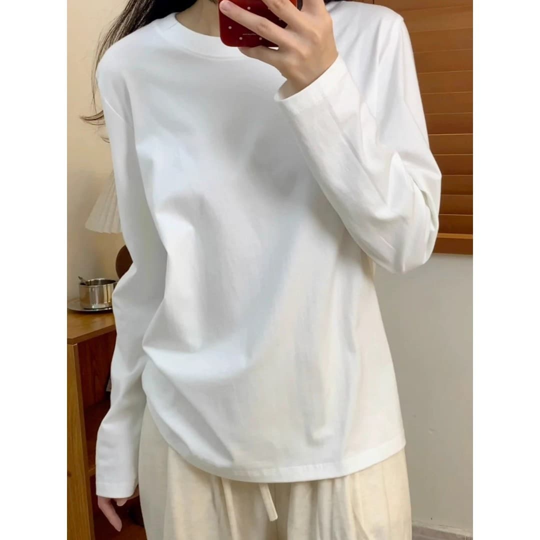 Xinjiang Pure Cotton White Long Sleeve T-Shirt Women's Inner Layering Basic Casual Top Pure Cotton Long Sleeve T-Shirt Women