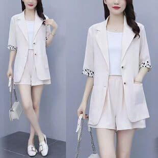 Ice Silk Summer New Plus Size Women's Set Loose Fitting Slimming Short Sleeve Blazer and Shorts Two-Piece Set