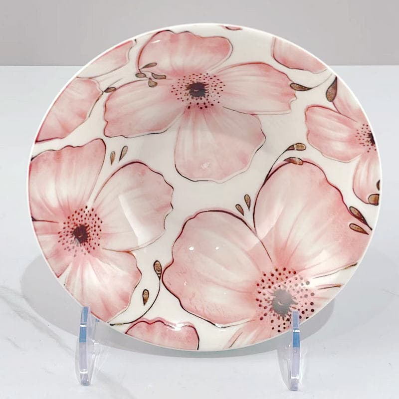 Hot Sale Ceramic Plate Wholesale Home Lace Soup Plate Dish Ceramic Tableware Peach Blossom Pattern Plate for Export