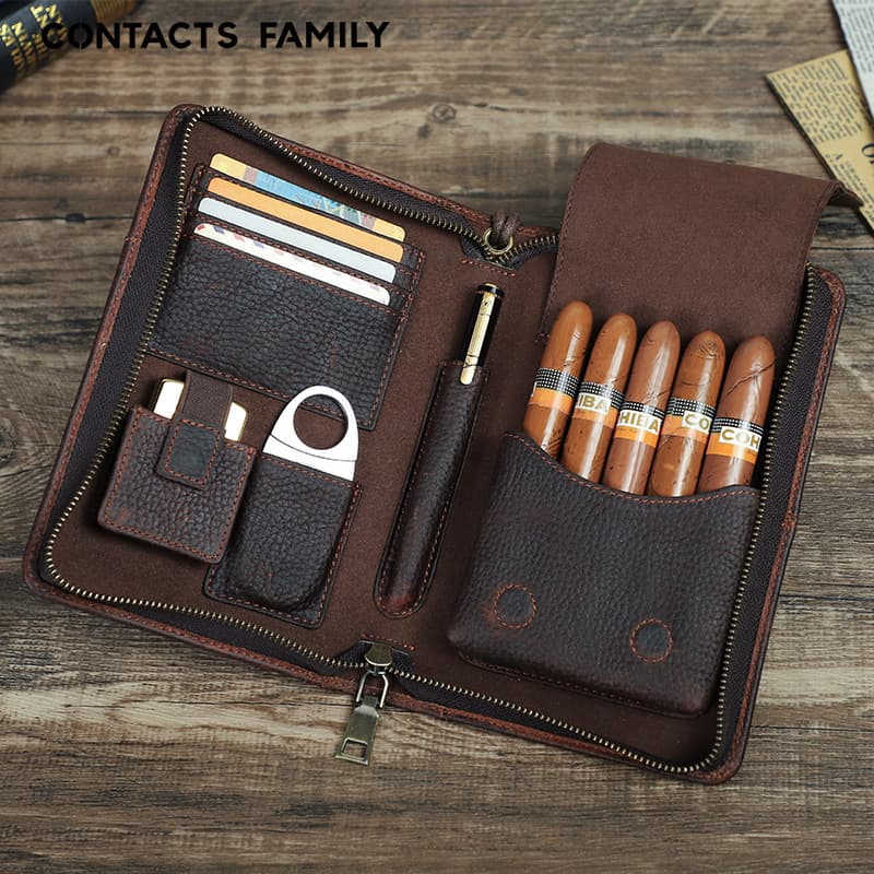 Cowhide cigar bag, crazy horse leather 5-pack, multi-functional travel portable cigar case, leather case, moisturizing bag box, light luxury
