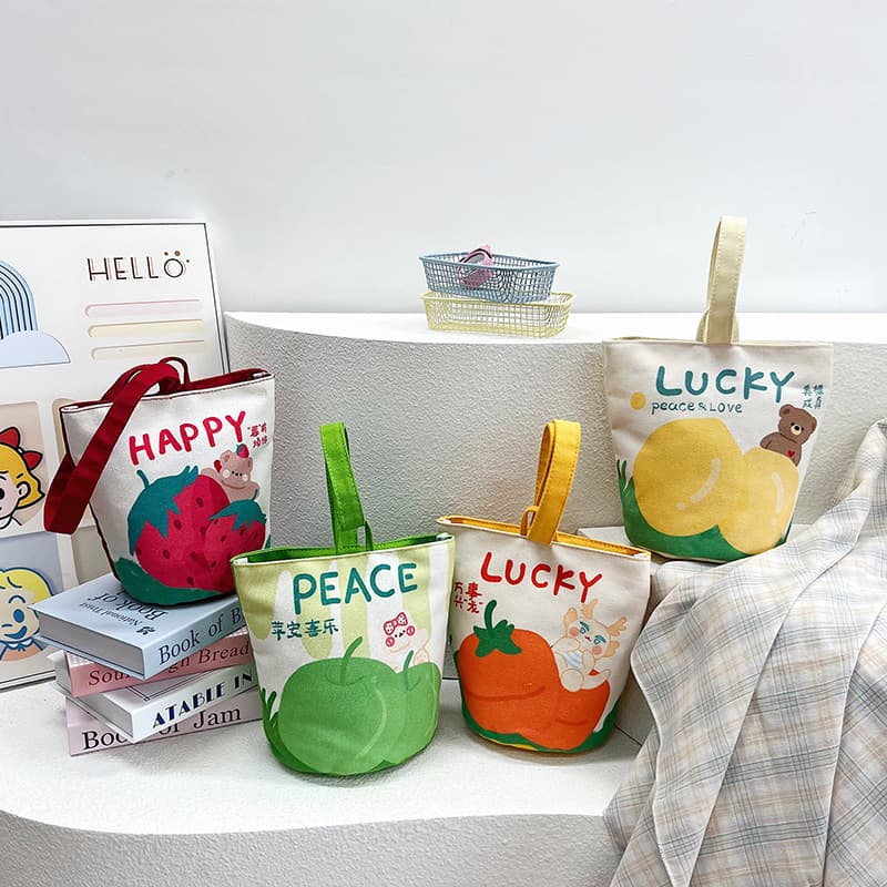 Original Cartoon Canvas Bucket Bag Full Moon Banquet Souvenir Cloth Bag, Outing Mom Bag, Cute Kindergarten Tote