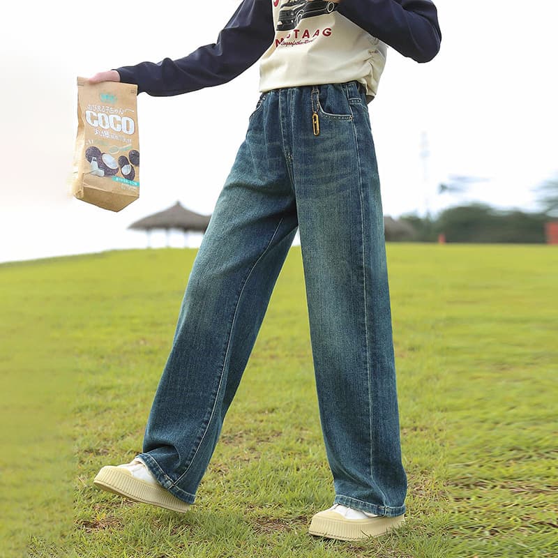 Qiaonika Girls' Jeans Spring and Autumn New Children's Straight Pants Girls' Autumn Long Pants Loose Wide-Leg Pants Trendy