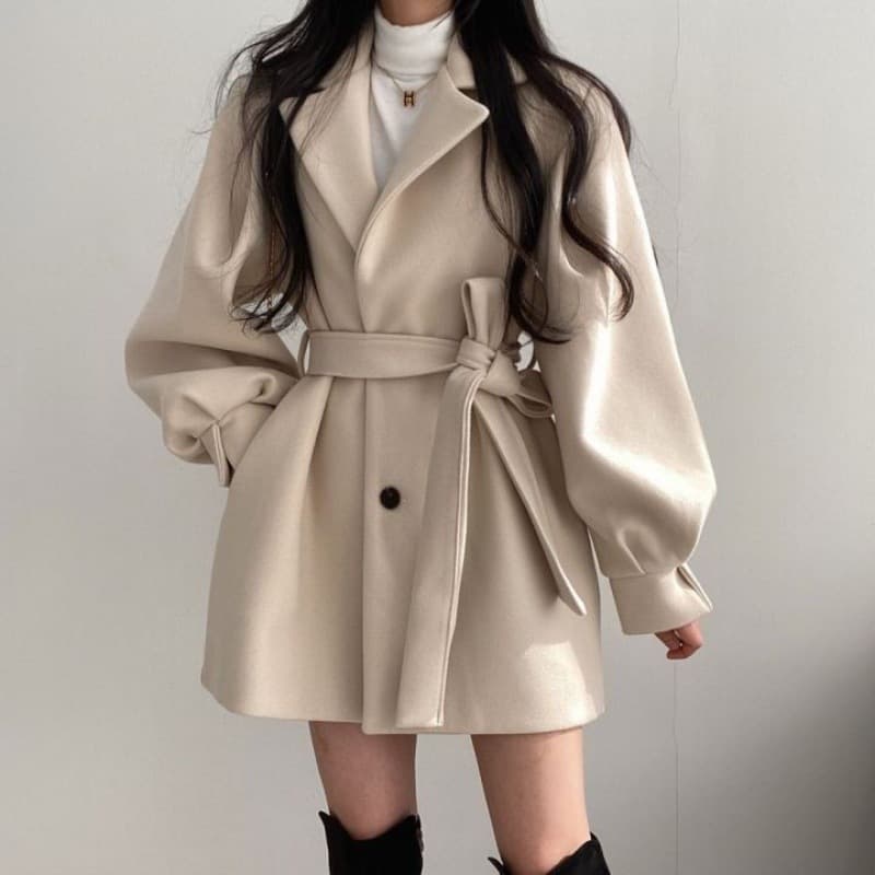 New Korean Autumn/Winter Tie-Belt Mid-Length Wool Coat for Women, Fashionable and Elegant Small-Size Suit Collar Overcoat