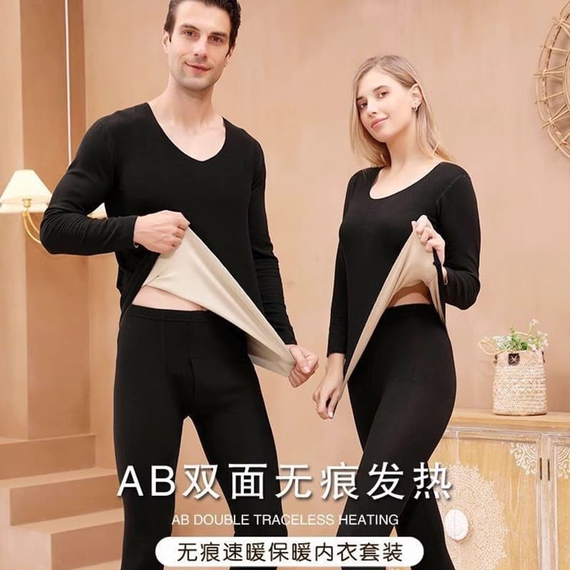 AB Surface De Velvet Thermal Underwear Set for Women and Men, Fleece-Lined, Seamless Slim Fit Base Layer Tops and Bottoms, Couple Style