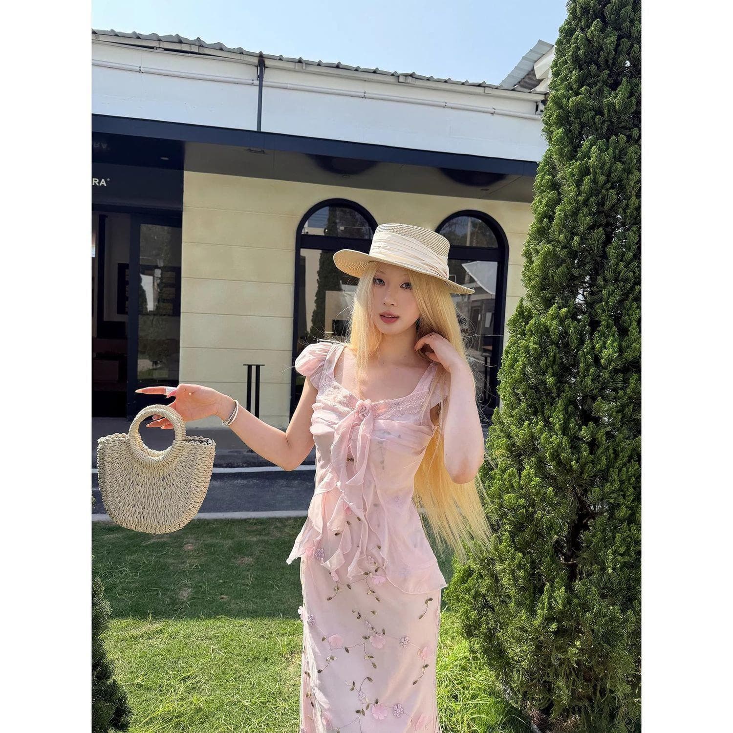 Beach Outfit Bubble Sleeve Chiffon Pink Dress Women Summer Vacation Stunning Lace Maxi Dress