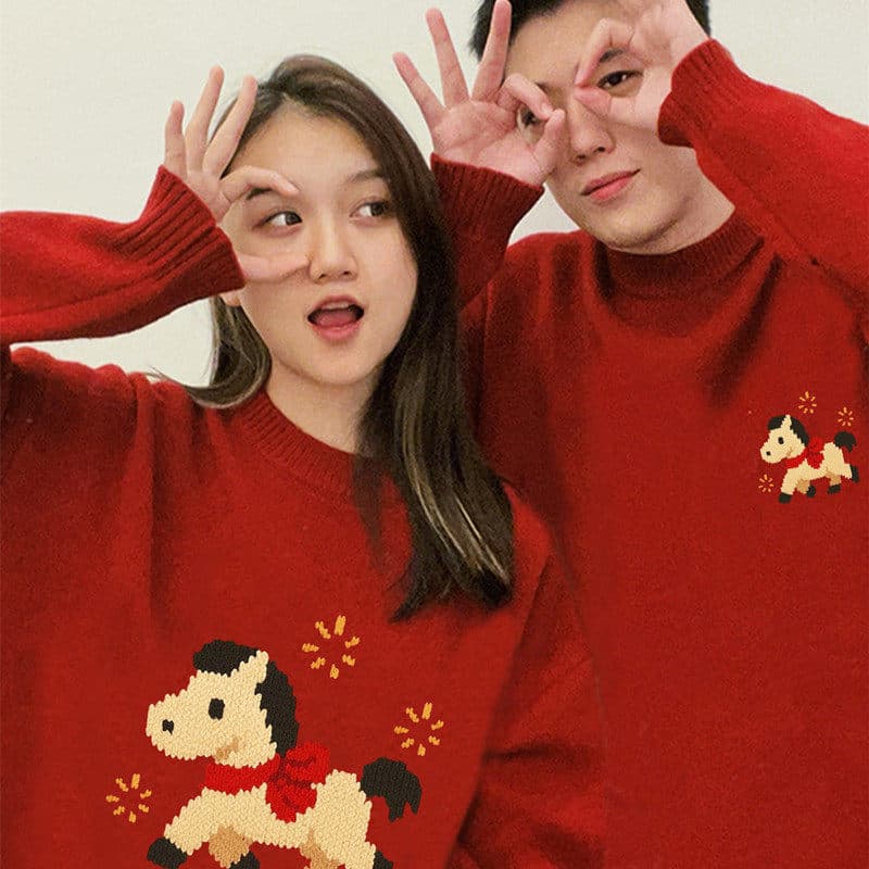 New Year Couple and Parent-Child Sweater Autumn/Winter Wine Red Series 2026 Year of the Horse Fashion Knitwear