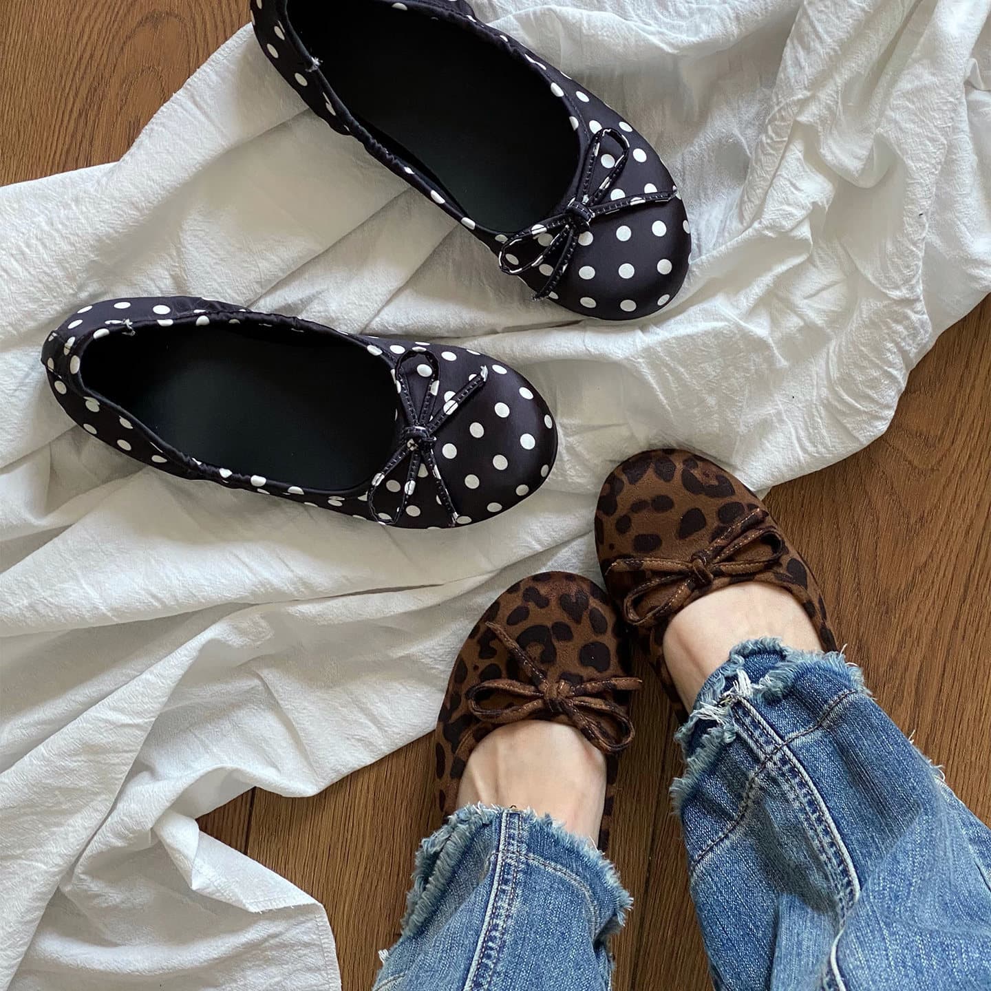 Fangui~Leopard print shallow mouth single shoes for women 2026 autumn new bow round toe ballet Mary Jane flats