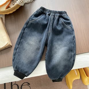 Kids Fleece-Lined Jeans New Loose Fashionable Children's Pants Autumn/Winter One-Piece Fleece Long Pants Baby Casual Pants