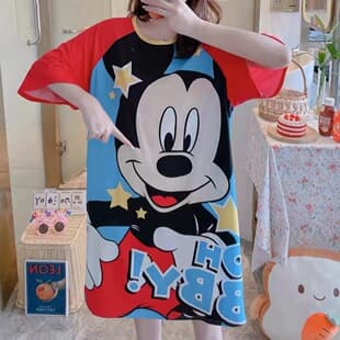 Women's Summer Nightgown, Loose Fit Plus Size, Short-Sleeve, Cute Cartoon, Thin Student Sleepwear, Loungewear, Trendy Style